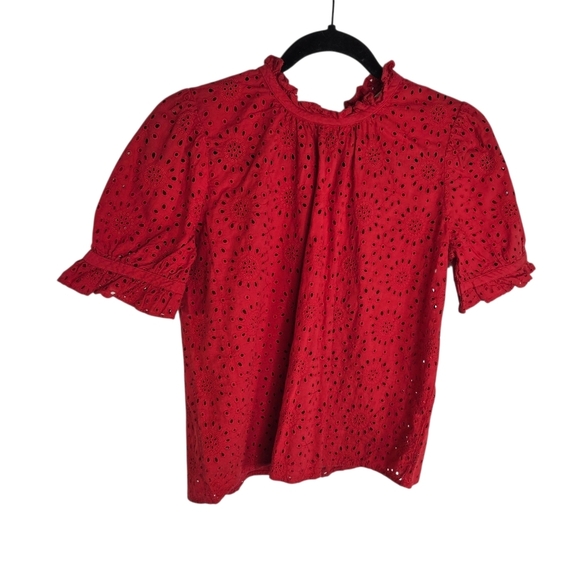 Madewell AJ939 Red Eyelet Tuffle Neck Keyhole Short Sleeve Blouse - Picture 1 of 6